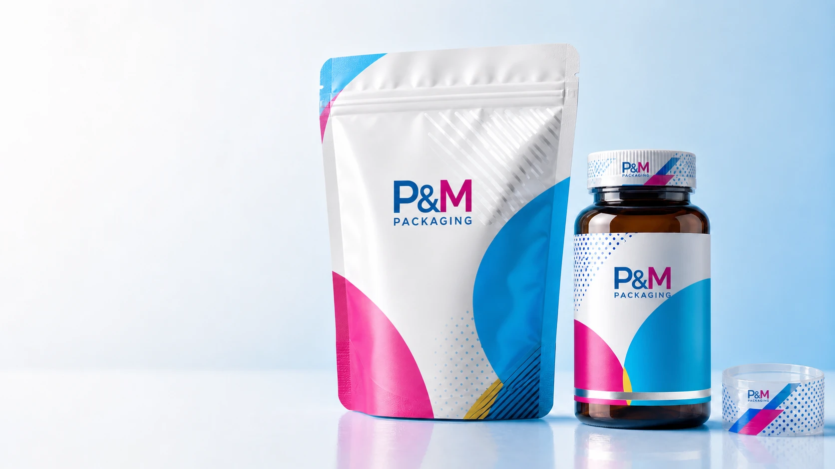 Representative supplement powder pouch, amber bottle label, and shrink band packaging system
