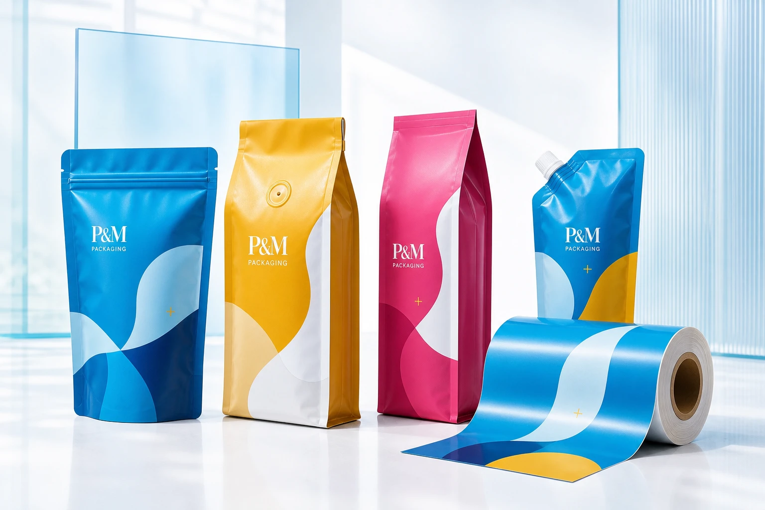 P&M branded custom food packaging bags, stand-up pouches, flat-bottom bags, side-gusset bags and printed food rollstock film