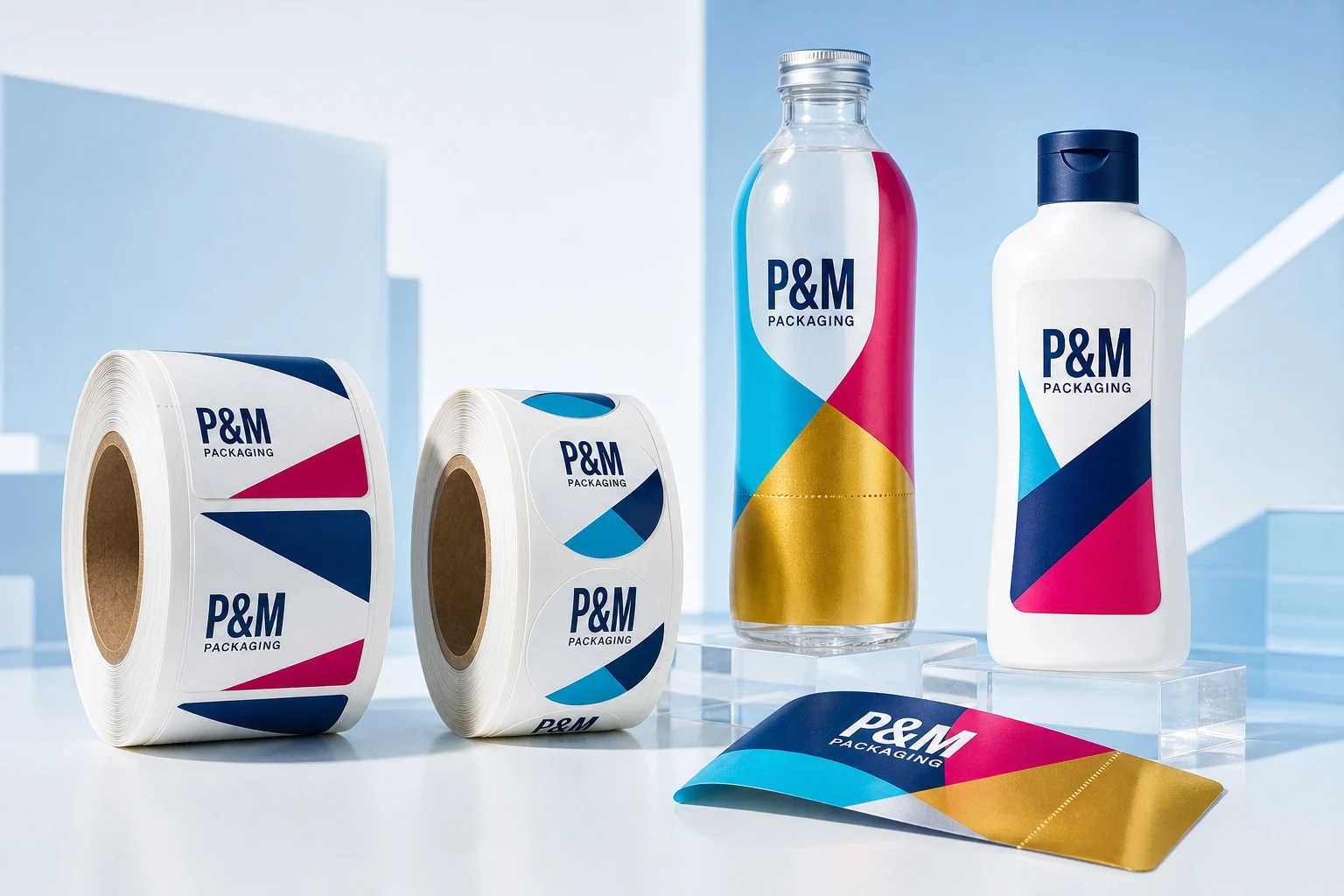P&M custom pressure-sensitive label rolls and full-body shrink sleeve labels for bottles