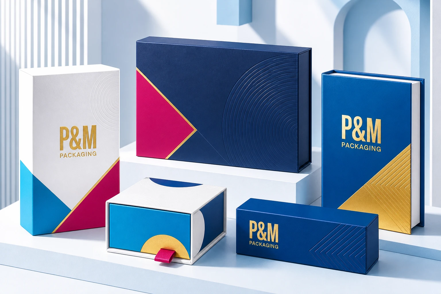 P&M custom paper boxes with hot foil, spot UV, embossing and premium folding-carton structures