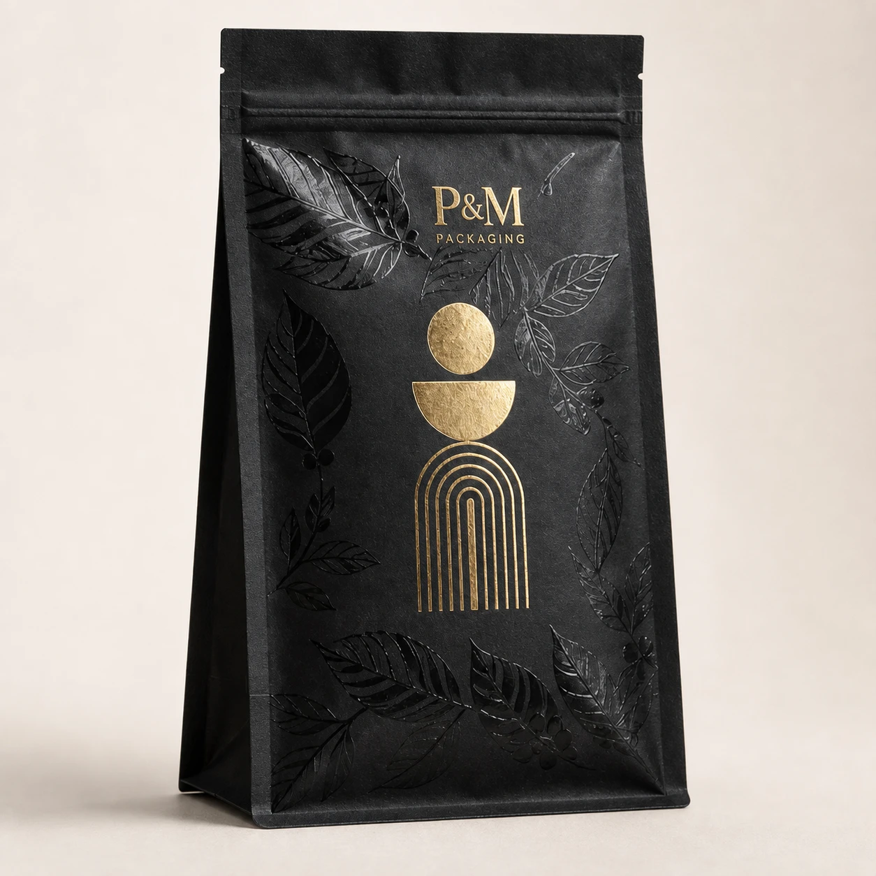 P&M black kraft paper flat-bottom pouch with metallic gold foil stamping and glossy spot UV botanical pattern