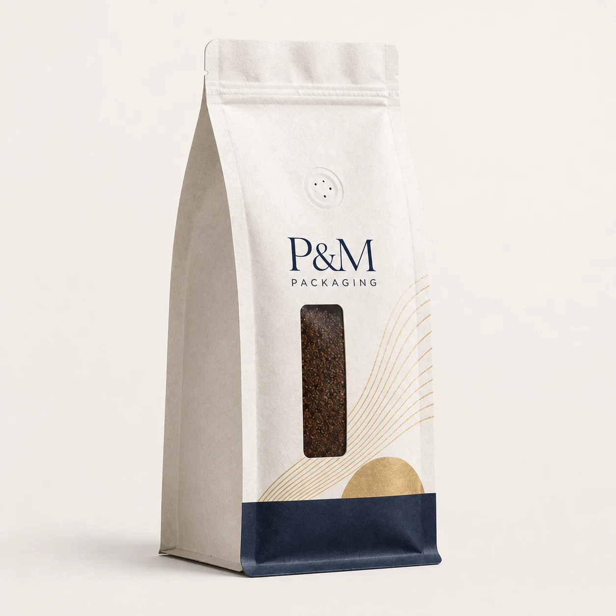 P&M white kraft paper side-gusset coffee bag with zipper, valve, narrow clear window and gold foil detail