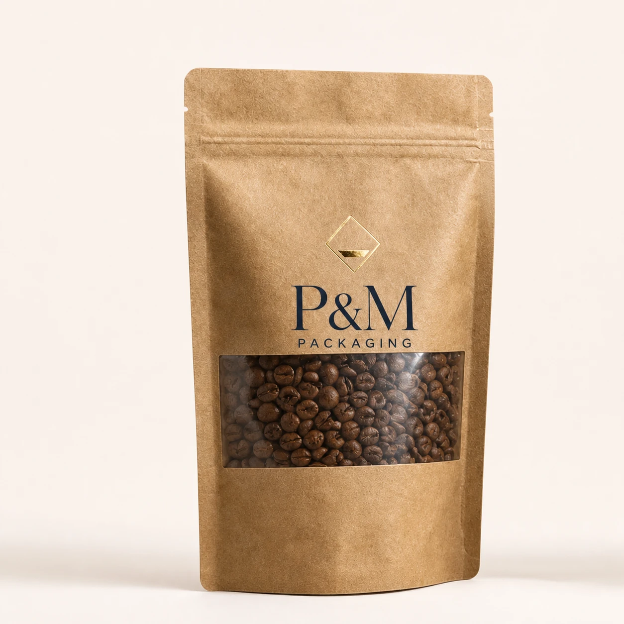 P&M natural brown kraft paper stand-up zipper pouch with a clear rectangular product window and gold foil detail