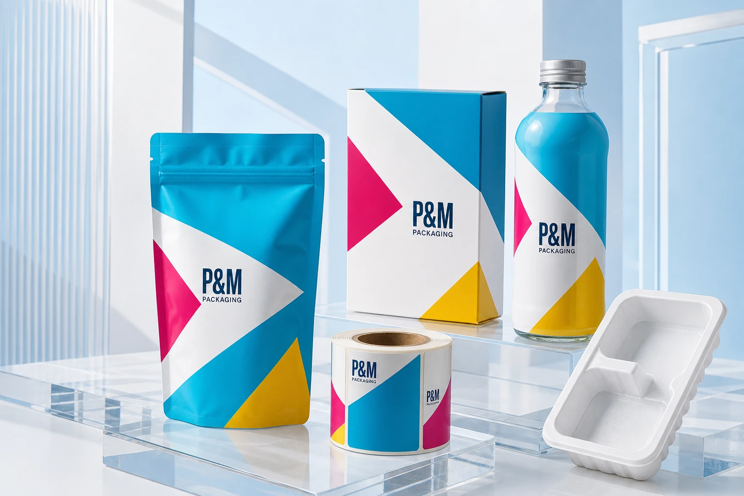 Representative P&M branded molded packaging tray with coordinated pouch, carton, and label roll