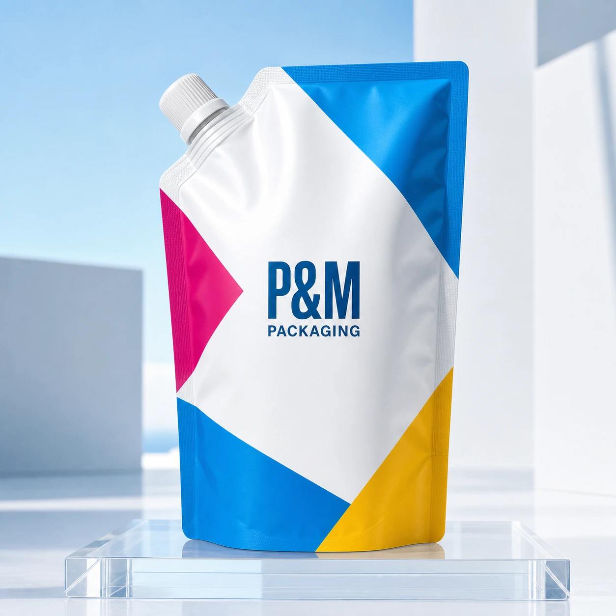 Custom printed spouted pouch with corner fitment