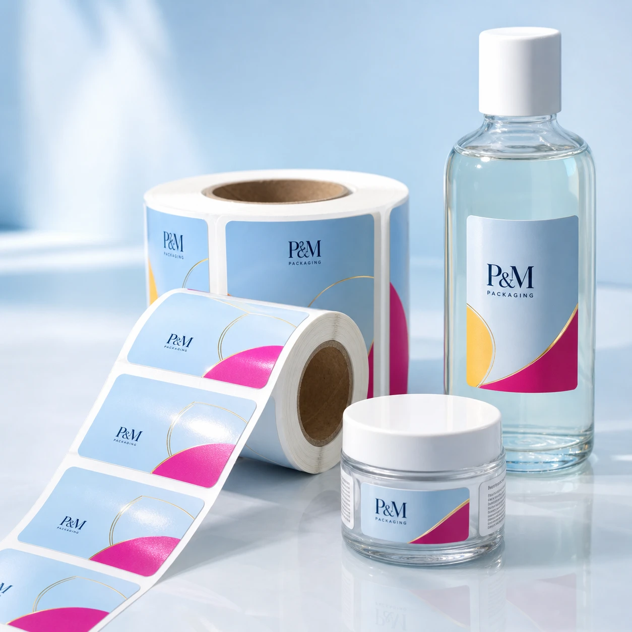 Custom pressure-sensitive labels applied to a jar and curved bottle with metallic and tactile finishes